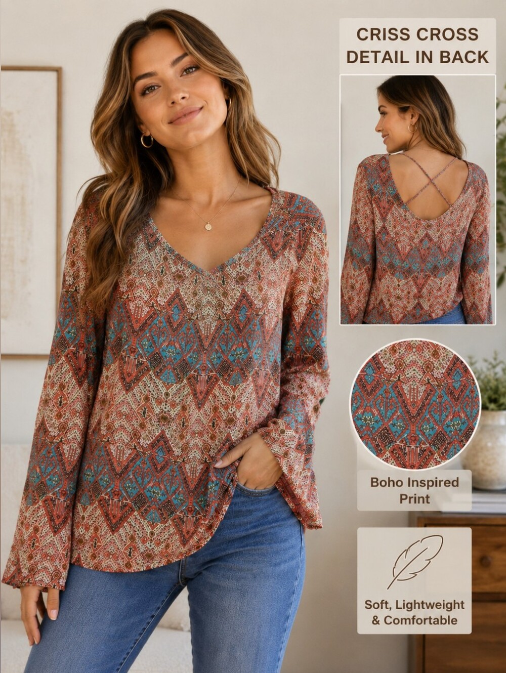 Wishful Park Coral & Teal Boho Crisscross Long Sleeve Top